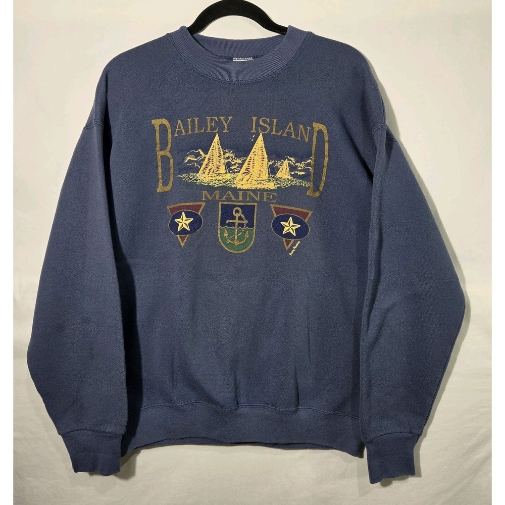 Vtg Bailey Island Maine Graphic Navy Sweatshirt Large Nautical Coastal Souvenir